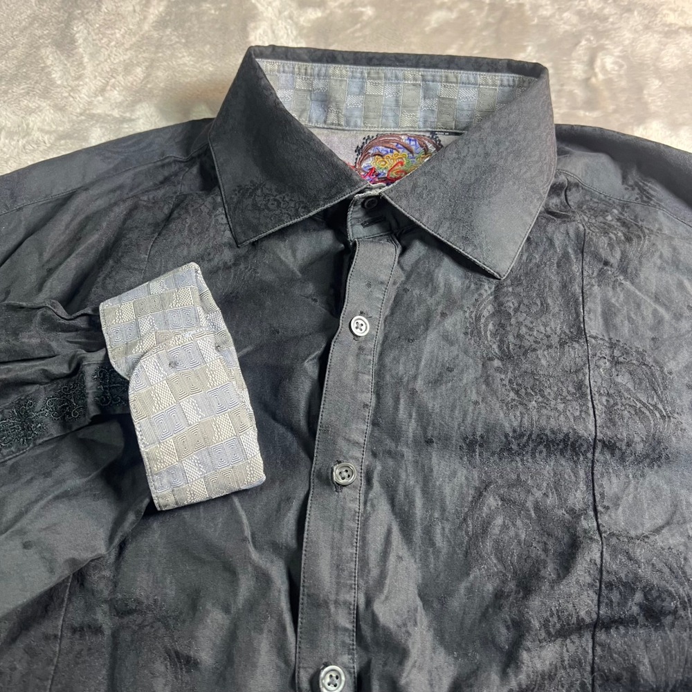 Robert Graham Men's 3XL Button Down Shirt Black Paisley Jacquard Silk Trim